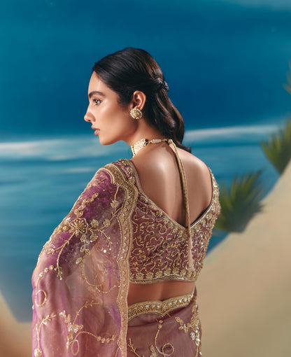 Green glass silk sari with multi-colored red floral blouse and digital print, sequin and thread embroidery