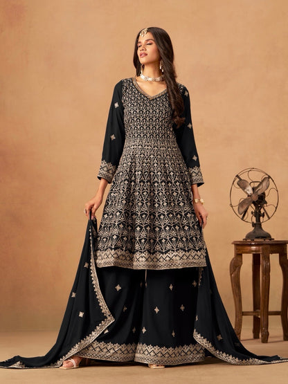 Salwar Palazzo noir en faux georgette avec ornements COLLECTION ELINA