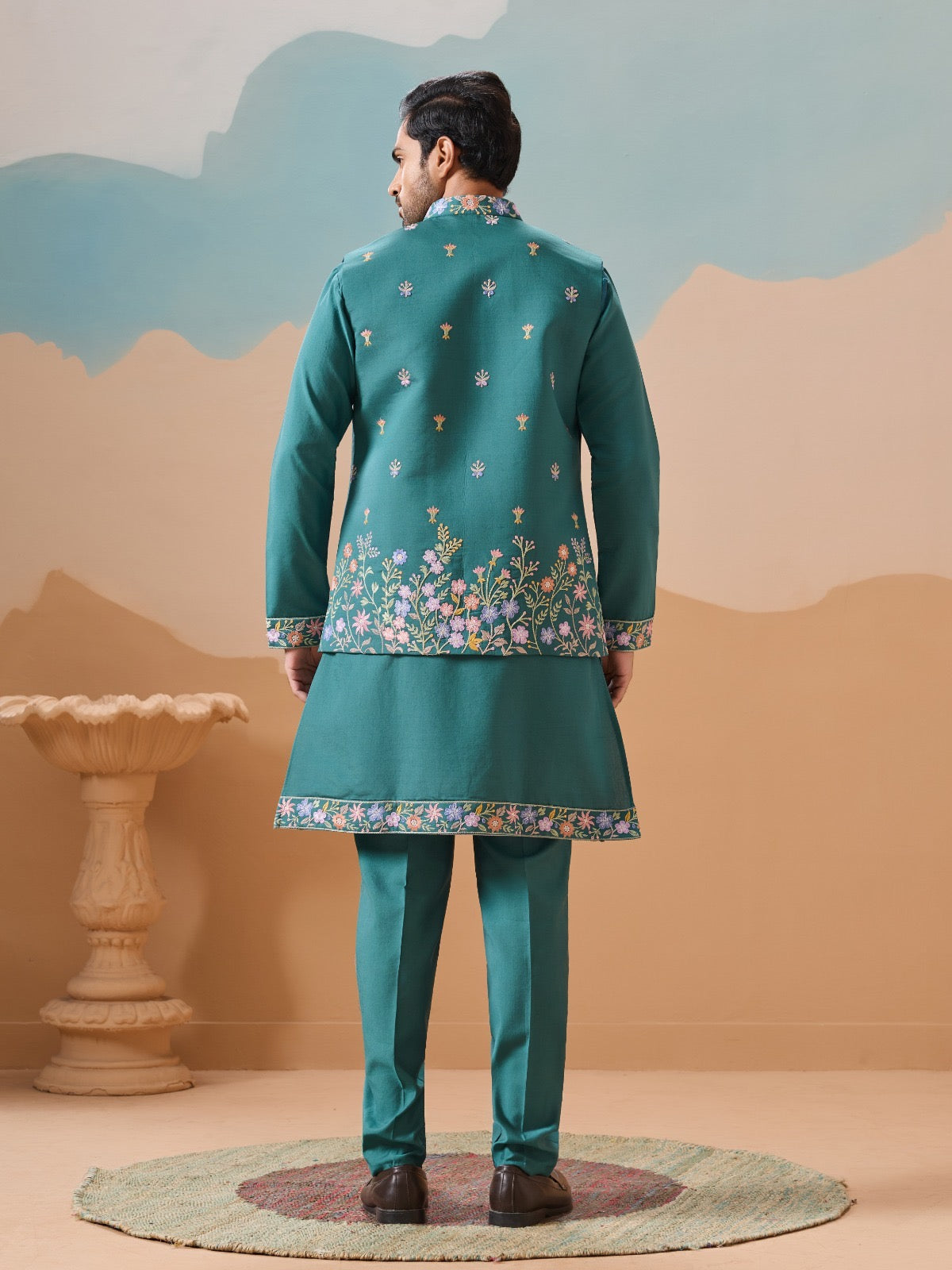 Ensemble Kurta Homme avec Veste Jacket Bleu Lagon COLLECTION JEET