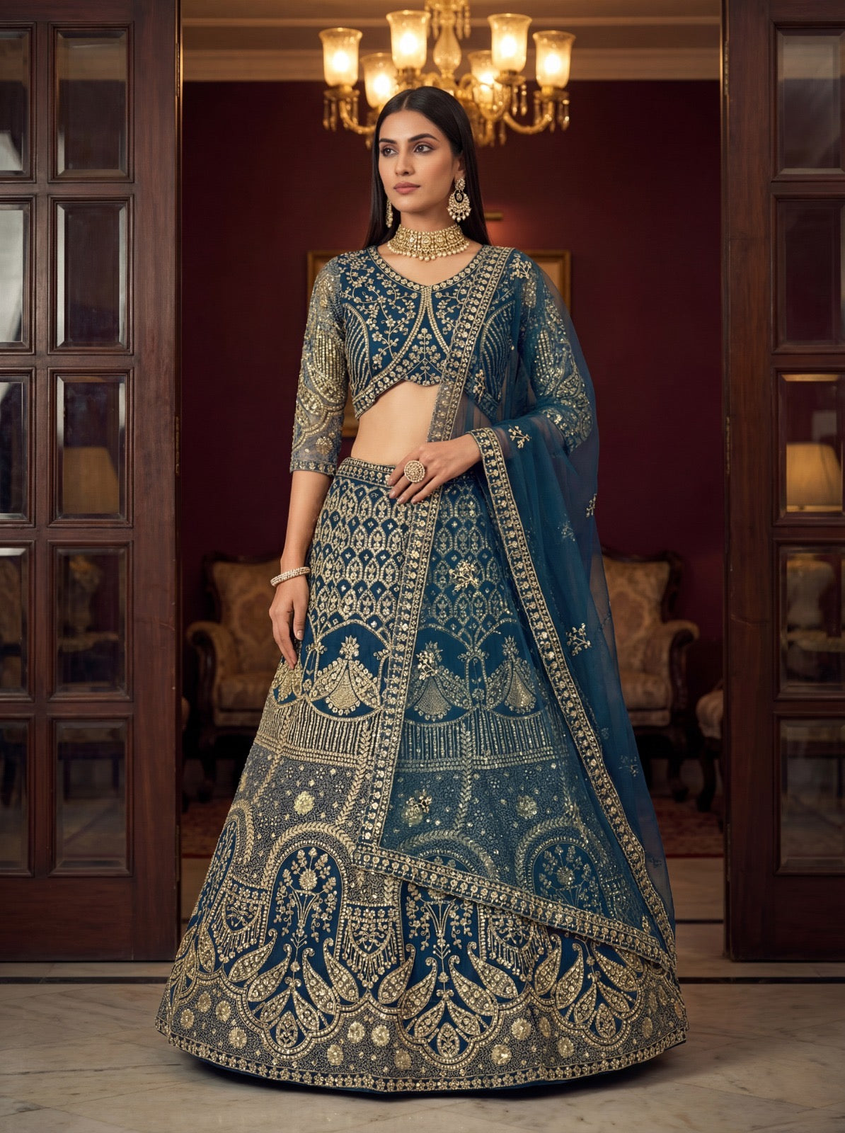Eleganter rosa-grauer Braut-Lehenga mit Zarkan-Stickerei und Pailletten