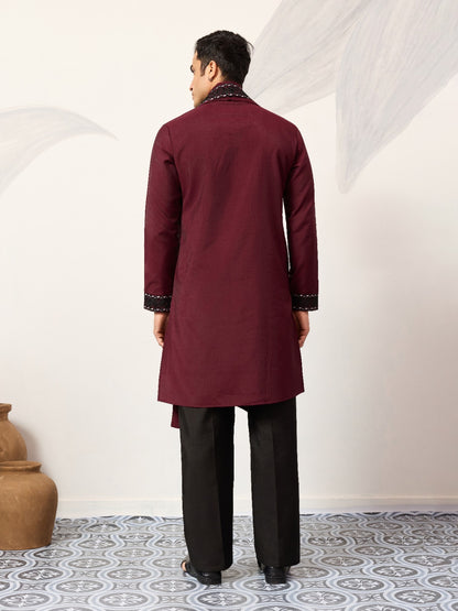 Ensemble Homme Kurta rouge bordeaux à motifs oiseaux doux avec dupatta COLLECTION AJIT