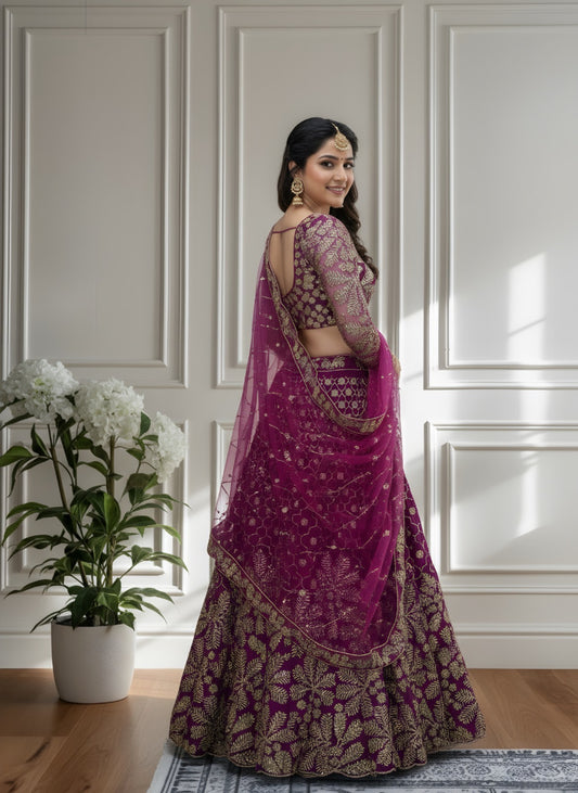 Eleganter rosa-grauer Braut-Lehenga mit Zarkan-Stickerei und Pailletten