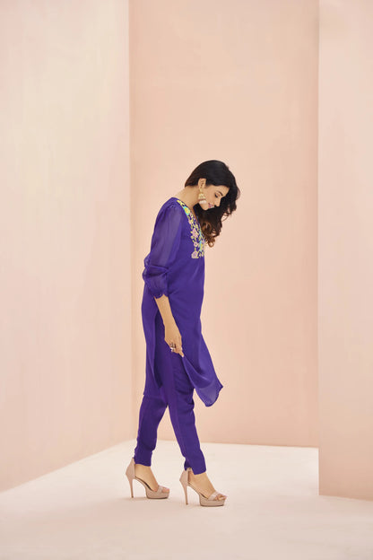Ensemble Salwar Violet en Organza avec Broderie Artisanale