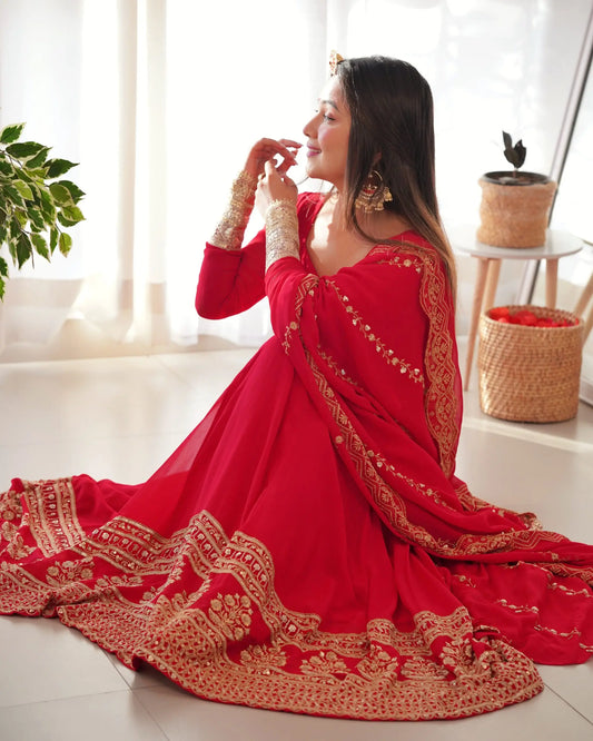 Red georgette dress with embroidery and dupatta
