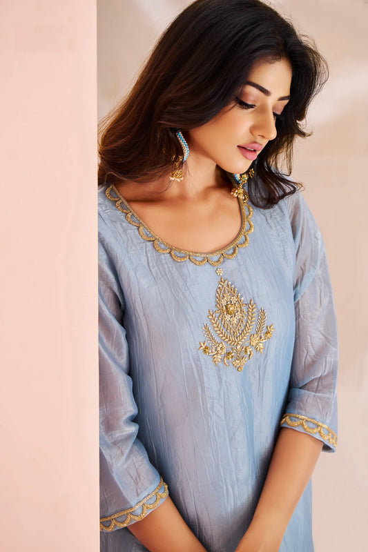 Salwar kameez en organza bleu-vert