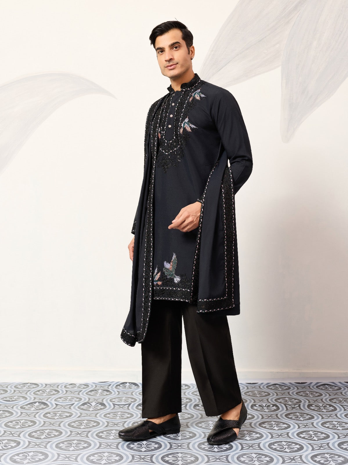 Ensemble Homme Kurta bleu foncé à motifs oiseaux doux avec dupatta COLLECTION AJIT