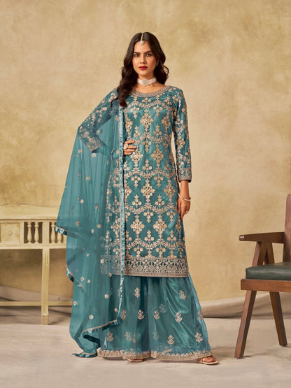 Salwar suit bleu aqua en net COLLECTION SIMARAN