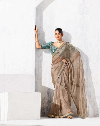 Sari marron gris glam organza fantaisie avec broderies COLLECTION LEYAA