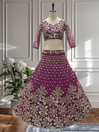 Eleganter rosa-grauer Braut-Lehenga mit Zarkan-Stickerei und Pailletten