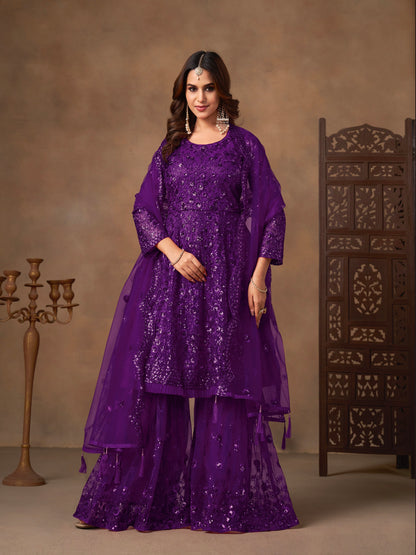 Berry-purple red Sharara set with cord embroidery, sequins and riveted beads