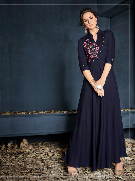 Marineblaues langes Kurta-Oberteil aus Viskose mit Details