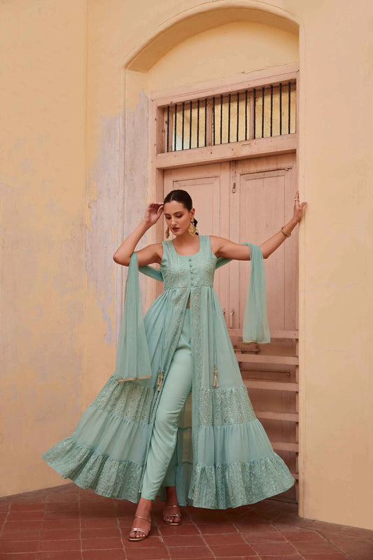 Firozi-Set (türkisblau) verziert mit Faden- und Paillettenstickerei mit Dupatta MADHURI COLLECTION