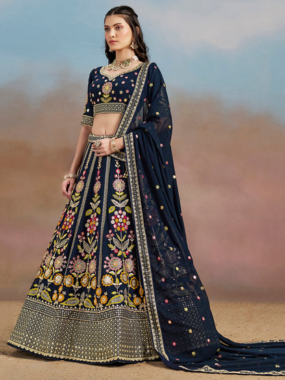 Rosa 3-teiliges Lehenga-Jacken-Set (Koti) mit Stickdetails
