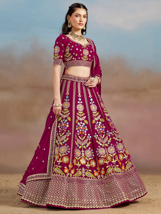 Rosa 3-teiliges Lehenga-Jacken-Set (Koti) mit Stickdetails
