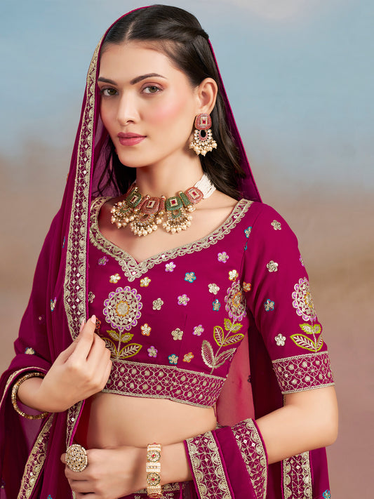 Rosa 3-teiliges Lehenga-Jacken-Set (Koti) mit Stickdetails