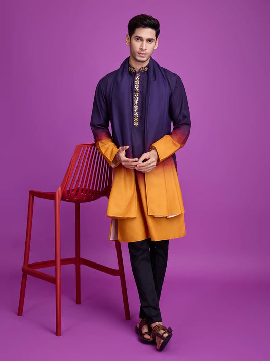 Lila und senffarbene Viskose-Kurta mit Handspiegelarbeit