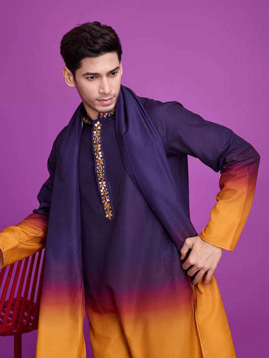 Lila und senffarbene Viskose-Kurta mit Handspiegelarbeit
