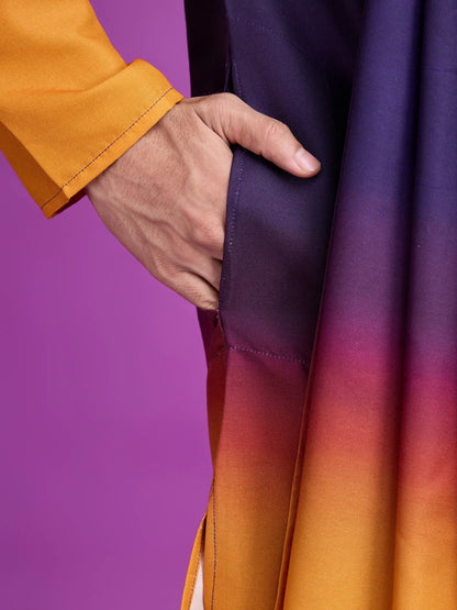 Lila und senffarbene Viskose-Kurta mit Handspiegelarbeit