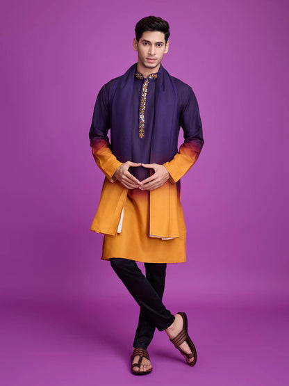 Lila und senffarbene Viskose-Kurta mit Handspiegelarbeit