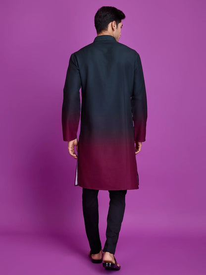 Grünes und burgunderfarbenes Viskose-Kurta mit Handspiegelarbeit