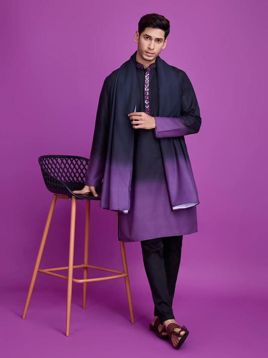 Schwarz-violette Kurta aus Viskose mit Handspiegelarbeit