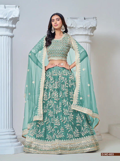 Lehenga Choli bleu aqua en filet avec broderie au fil et sequins