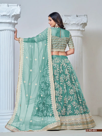 Lehenga Choli bleu aqua en filet avec broderie au fil et sequins