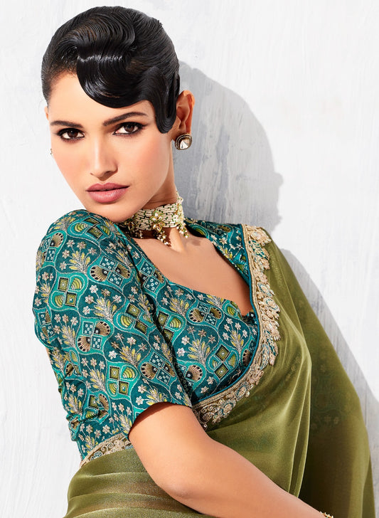 Sari vert olive glam organza fantaisie avec broderies COLLECTION LEYAA