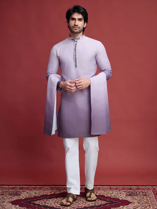 Hellviolettes Kurta mit Farbverlauf, echter Spiegelarbeit und Dupatta