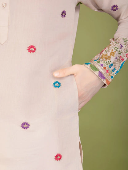 Ivory Silk Kurta with Thread Embroidery and Sequins
