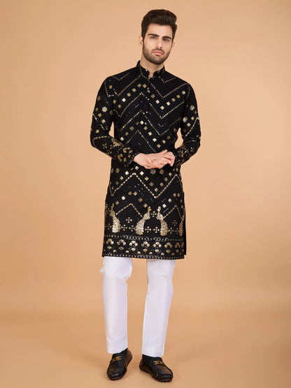Black Pure Rayon Kurta with Thread Embroidery and Sequins
