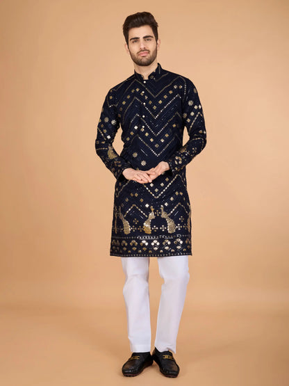 Navy Blue Pure Rayon Kurta with Thread Embroidery and Sequins