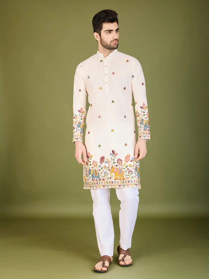 Weiße Baumwoll-Kurta mit Fadenstickerei und Pailletten