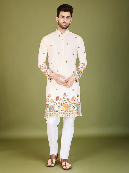 Weiße Baumwoll-Kurta mit Fadenstickerei und Pailletten
