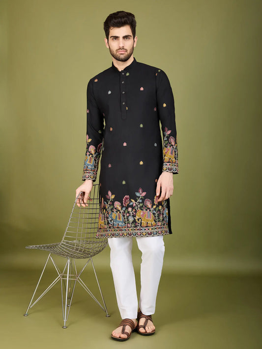 Schwarze Baumwoll-Kurta mit Fadenstickerei und Pailletten