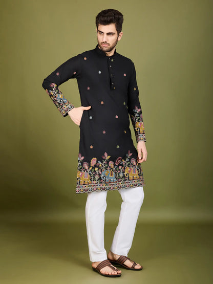 Schwarze Baumwoll-Kurta mit Fadenstickerei und Pailletten