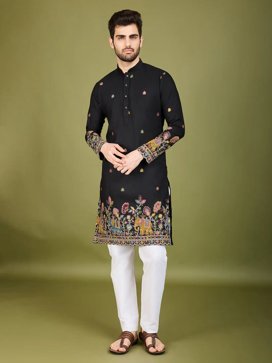 Schwarze Baumwoll-Kurta mit Fadenstickerei und Pailletten