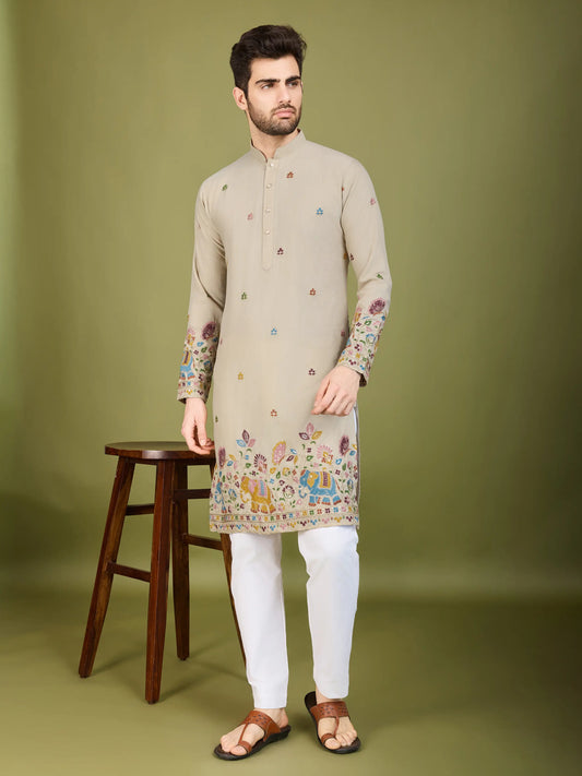 Elfenbeinbeige Baumwoll-Kurta mit Fadenstickerei und Pailletten