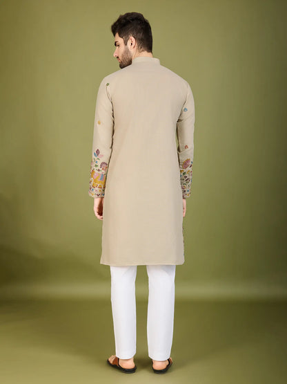 Elfenbeinbeige Baumwoll-Kurta mit Fadenstickerei und Pailletten