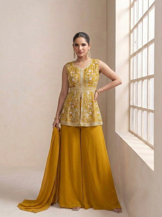 Sharara Palazzo prêt-à-porter moderne jaune foncé avec broderies de fleurs COLLECTION MANNAT