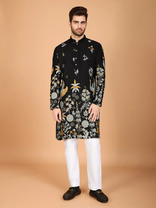 Schwarzes Viskose-Kurta mit Fadenstickerei und Pailletten