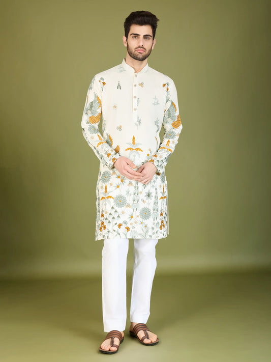Weißes Viskose-Kurta mit Fadenstickerei und Pailletten