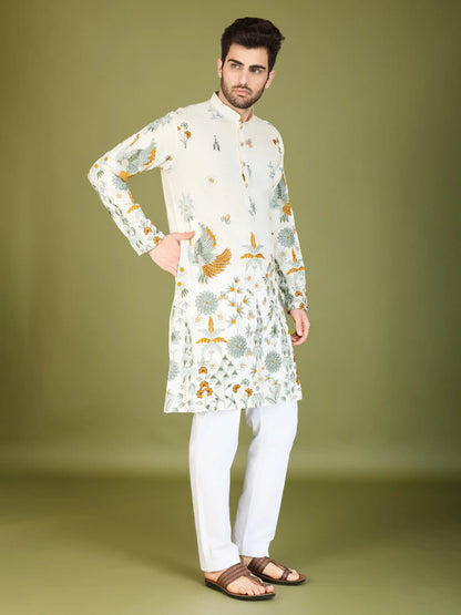 Weißes Viskose-Kurta mit Fadenstickerei und Pailletten