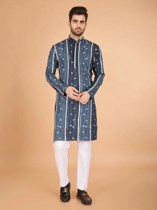 Graues und blaues Viskose-Kurta mit handgefertigter Stickerei und Pailletten