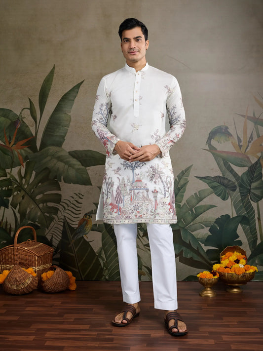Weiße Kurta aus Viskose-Seide mit Faden- und Musterarbeit, dazu Hose