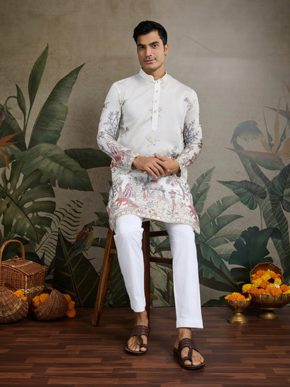 Weiße Kurta aus Viskose-Seide mit Faden- und Musterarbeit, dazu Hose