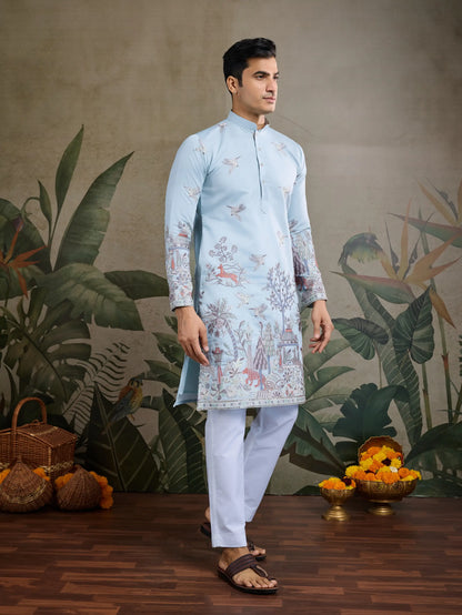 Viskose-Seide-Sky-Kurta mit Faden- und Sequenzarbeit, begleitet von Hosen