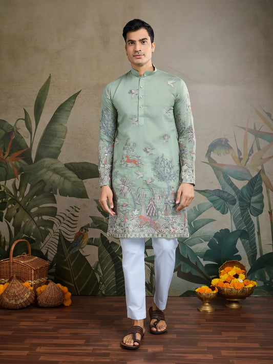 Kurta aus pistaziengrüner Viskose-Seide mit Faden- und Musterarbeit, dazu Hose
