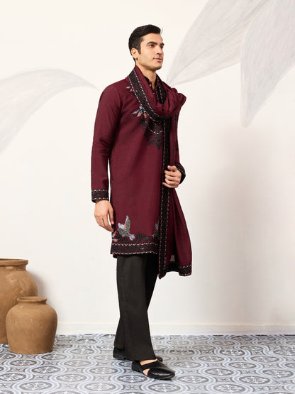 Ensemble Homme Kurta rouge bordeaux à motifs oiseaux doux avec dupatta COLLECTION AJIT