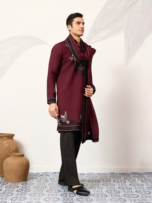 Ensemble Homme Kurta rouge bordeaux à motifs oiseaux doux avec dupatta COLLECTION AJIT